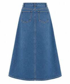 Back view of medium wash high-waist denim midi skirt on white
