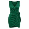 Women's emerald green ruched wrap mini dress with V-neck and side tie, ghost mannequin front view on white