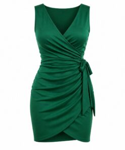 Women's emerald green ruched wrap mini dress with V-neck and side tie, ghost mannequin front view on white