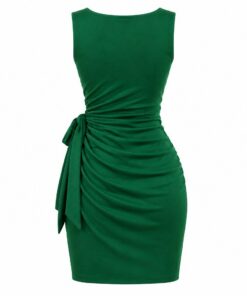 Back view of emerald stretch jersey wrap mini dress on white