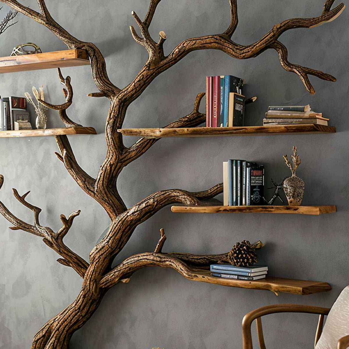 Tree Bookshelf Black Decor Wild Mulberry Solid Wood Carving Living Room Gift Her - Image 2