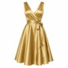 Women's gold metallic satin sleeveless V-neck cocktail dress with sash, ghost mannequin front view on white