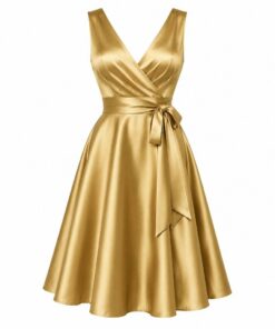 Women's gold metallic satin sleeveless V-neck cocktail dress with sash, ghost mannequin front view on white