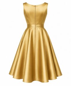 Back view of gold satin A-line knee-length dress on white