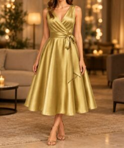 Woman wearing a gold satin cocktail dress at a festive party, shown from the shoulders down