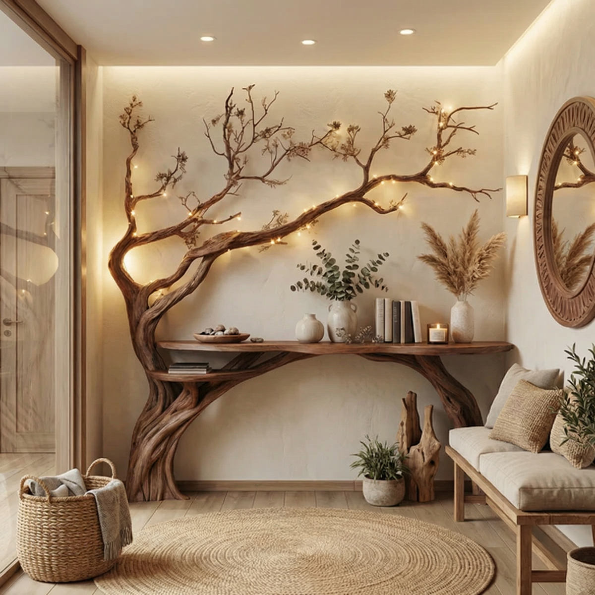 Natural Solid Wood Tree Bookshelf Rustic Side Table Farmhouse - Image 3