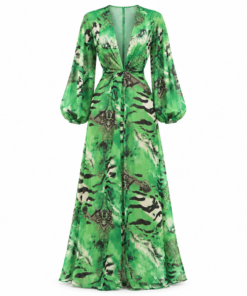 Green Tropical Print Balloon Sleeve Maxi Dress