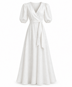 White Linen Wrap Maxi Dress with Puff Sleeves