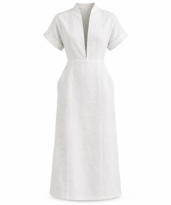 White Linen Deep V Midi Dress with Pockets