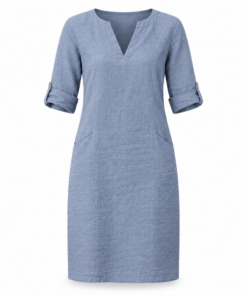 Blue Linen Midi Dress with Short Sleeves
