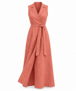 Coral Linen Collared Wrap Midi Dress
