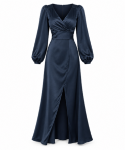 Navy Satin Long Sleeve Wrap Midi Dress