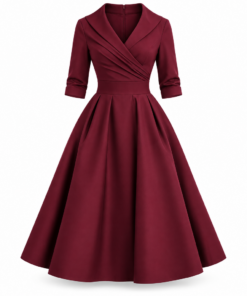Burgundy Collared Wrap Waist A-Line Dress