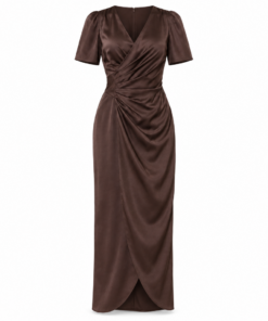 Brown Satin Ruched Wrap Midi Dress