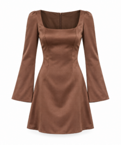 Brown Satin Long Sleeve Square Neck Mini Dress