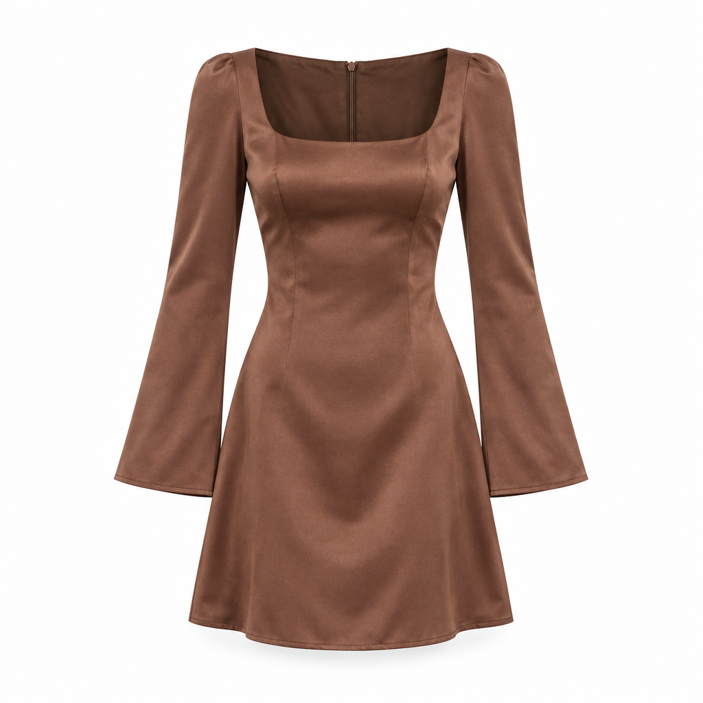Brown Satin Long Sleeve Square Neck Mini Dress