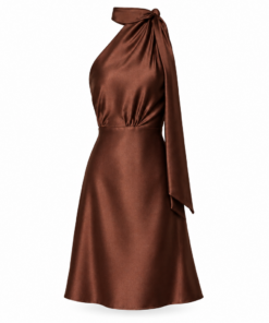 Brown Satin Scarf Neck Midi Dress