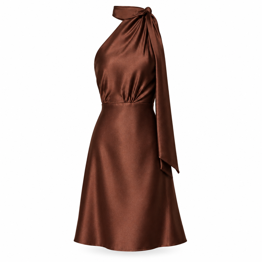 Brown Satin Scarf Neck Midi Dress