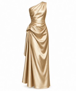Gold Satin One Shoulder Pleated Midi Dress
