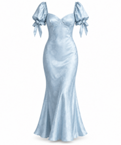 Light Blue Satin Puff Sleeve Midi Dress
