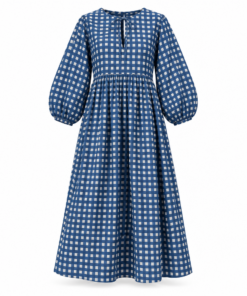 Blue Check Cotton Midi Dress with Pockets