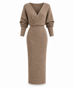 Taupe Ribbed Knit Wrap Midi Sweater Dress