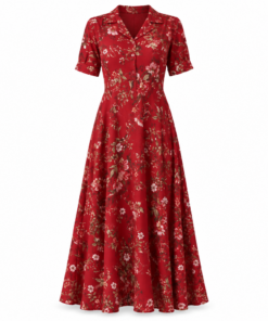 Red Floral Button Front Midi Dress