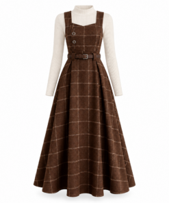 Brown Plaid Pinafore Midi Dress