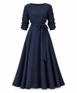 Navy Linen Midi Dress with Pockets