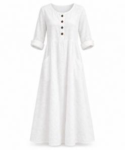 White Button Front Loose Midi Dress