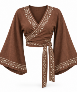 Brown Block Print Kimono Sleeve Wrap Top