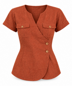 Rust Linen Short Sleeve Button Front Blouse