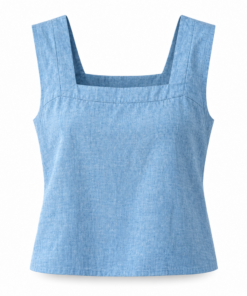 Blue Linen Square Neck Sleeveless Top