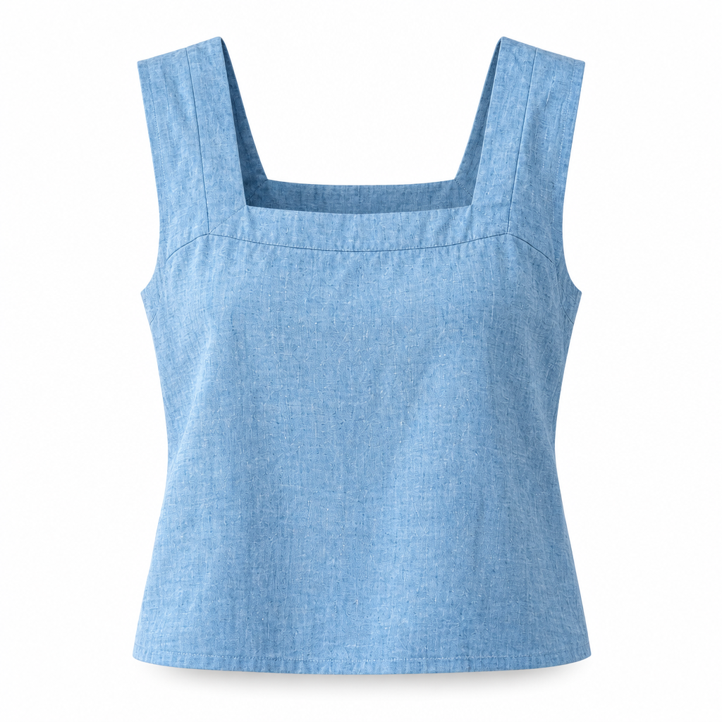 Blue Linen Square Neck Sleeveless Top