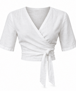 White Linen Tie Front Cropped Shirt