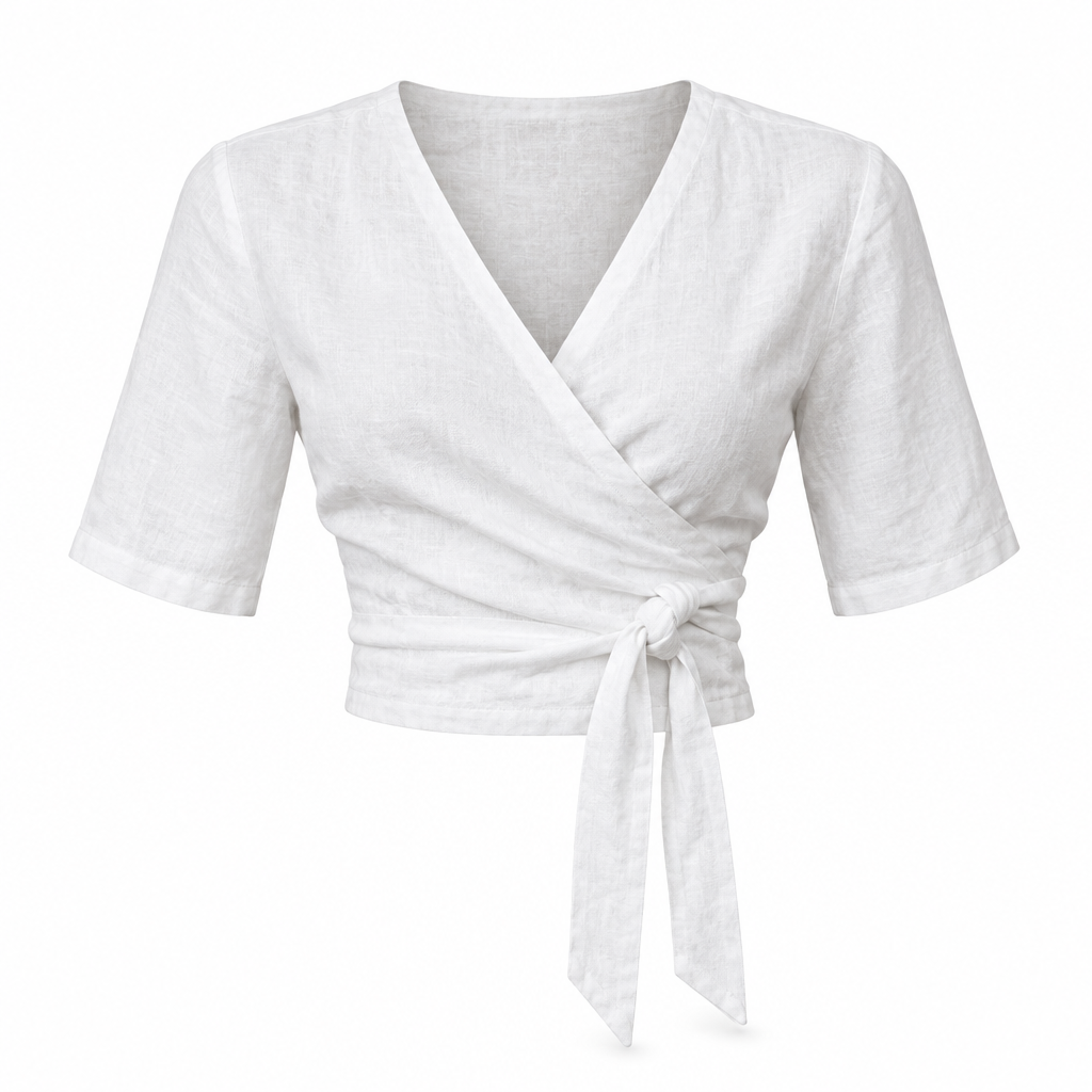 White Linen Tie Front Cropped Shirt