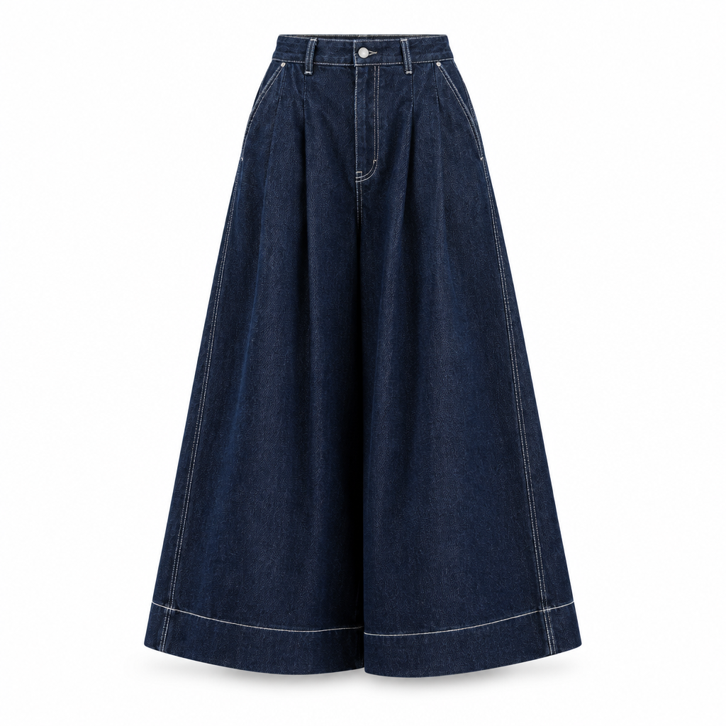 Dark Denim Pleated A-Line Midi Skirt