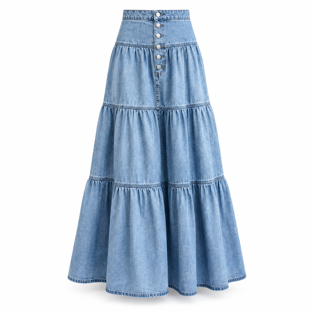 Light Wash Denim Tiered Maxi Skirt