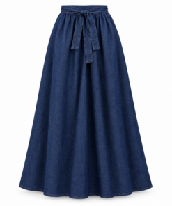 Navy Denim A-Line Maxi Skirt with Pockets