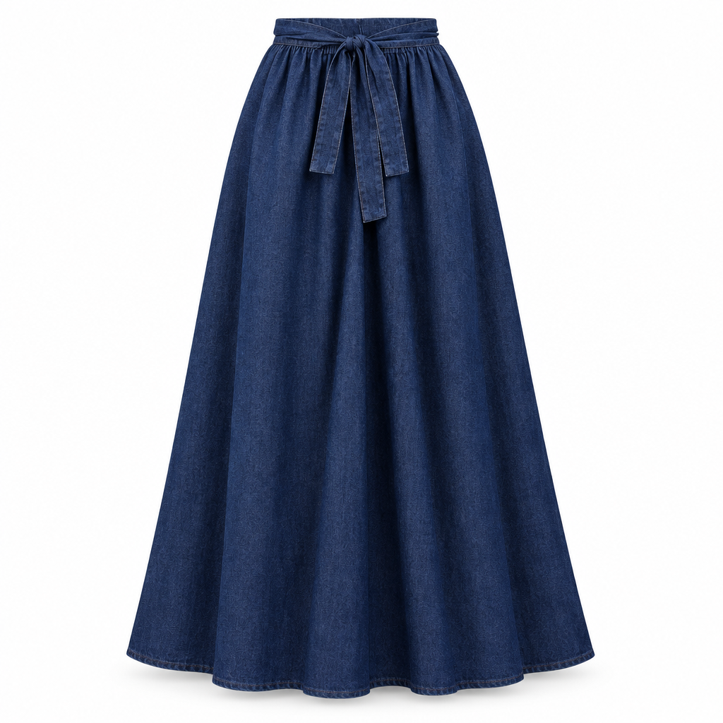 Navy Denim A-Line Maxi Skirt with Pockets