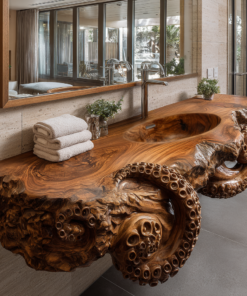 Velmora Octopus Form Sculpted Solid Wood Floating Bathroom Vanity With Integrated Sink