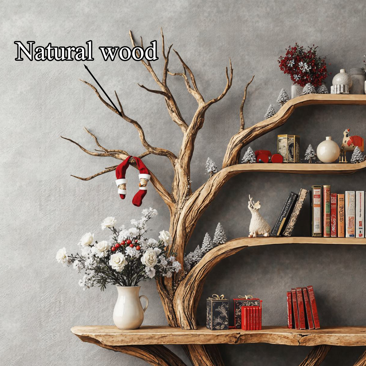 Narrow Floating Live Edge Side Table With Tree Bookshelf - Image 4