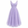 Women's lavender sleeveless midi party dress with fitted bodice and layered tulle skirt, ghost mannequin front view on white