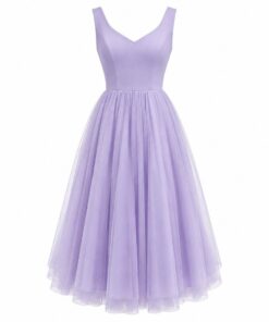 Women's lavender sleeveless midi party dress with fitted bodice and layered tulle skirt, ghost mannequin front view on white