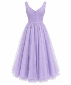 Back view of lavender tulle midi dress on white