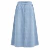 Women's light wash denim midi skirt with elastic back waist and frayed hem, ghost mannequin front view on white