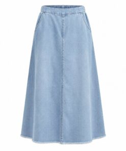 Women's light wash denim midi skirt with elastic back waist and frayed hem, ghost mannequin front view on white