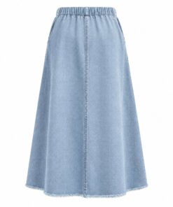 Back view of light wash denim skirt showing the elastic back waist, on white