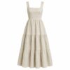 Women's natural oatmeal linen blend tiered midi summer dress with square neck, ghost mannequin front view on white