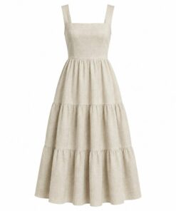 Women's natural oatmeal linen blend tiered midi summer dress with square neck, ghost mannequin front view on white